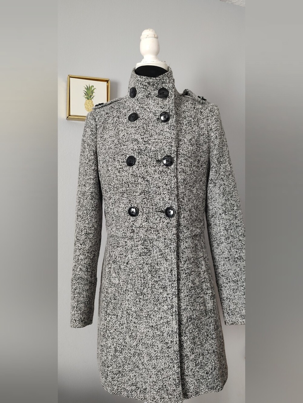 Stradivarius Double-Breasted Gray Bouclé Pea Coat